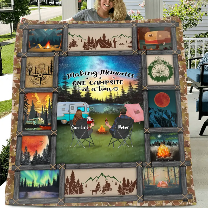 Personalized Camping Quilt/Single Layer Fleece Blanket - Gift Idea For Couple/Camping Lovers/Pet Lover - Making Memories One Campsite At A Time