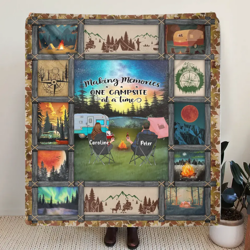 Personalized Camping Fleece Throw Blanket/Quilt - Gift Idea For Couple/Camping Lovers/Pet Lover - Making Memories One Campsite At A Time