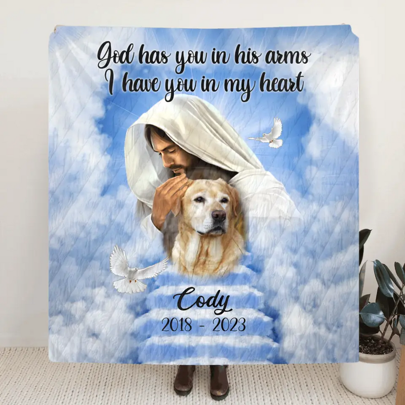 Personalized Memorial Pet Fleece Throw Blanket/Quilt - Upload Photo - Memorial Gift Idea For Pet Owners - God Has You In His Arms I Have You In My Heart