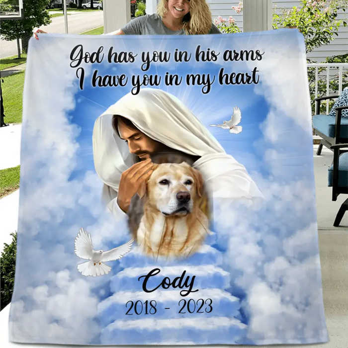 Personalized Memorial Pet Quilt/Single Layer Fleece Blanket - Upload Photo - Memorial Gift Idea For Pet Owners - God Has You In His Arms I Have You In My Heart