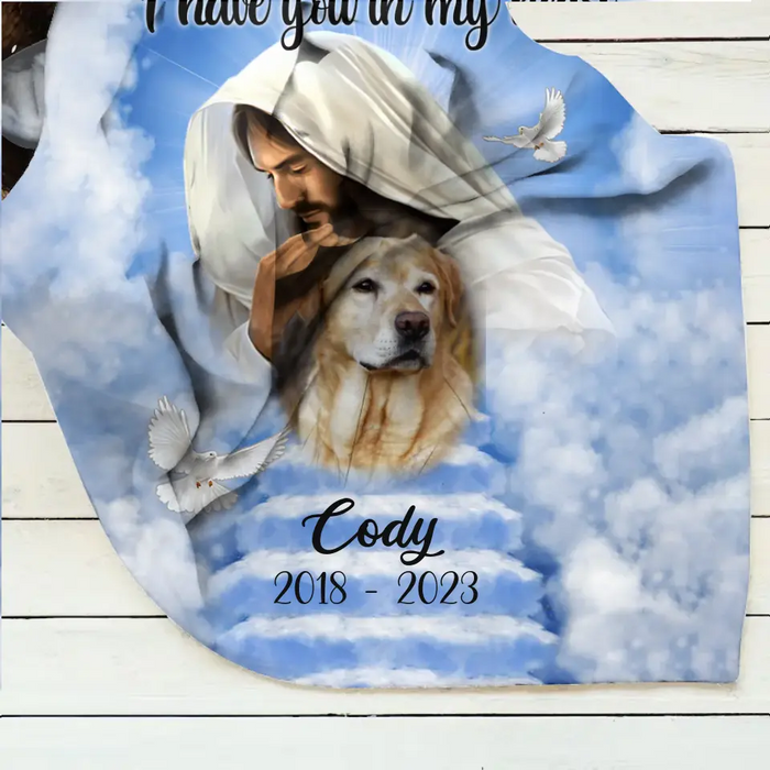 Personalized Memorial Pet Quilt/Single Layer Fleece Blanket - Upload Photo - Memorial Gift Idea For Pet Owners - God Has You In His Arms I Have You In My Heart