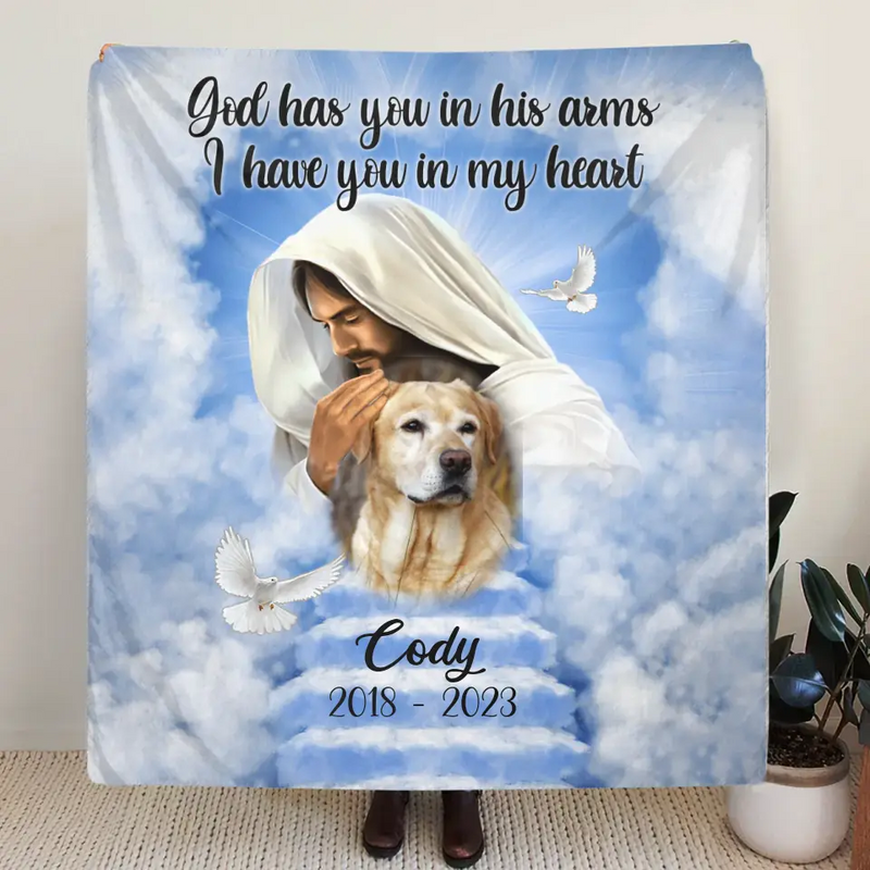 Personalized Memorial Pet Fleece Throw Blanket/Quilt - Upload Photo - Memorial Gift Idea For Pet Owners - God Has You In His Arms I Have You In My Heart