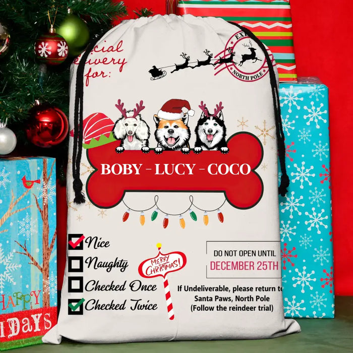 Custom Personalized Dog Santa Sack - Gift Idea For Christmas/Dog Lovers - Upto 3 Dogs - Nice Naughty