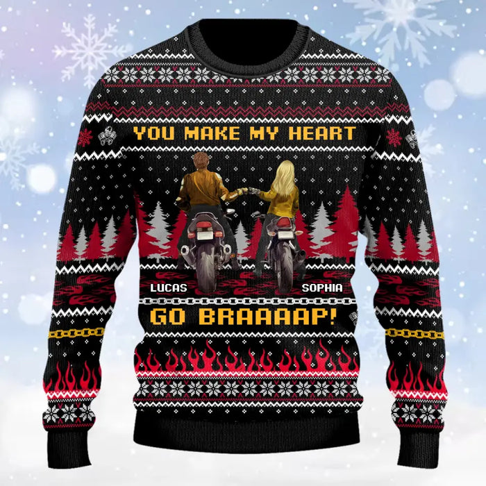Personalized Motorcycle Couple AOP Sweater - Gift Idea For Couple/Motorbike Lovers - You Make My Heart Go Braaaap