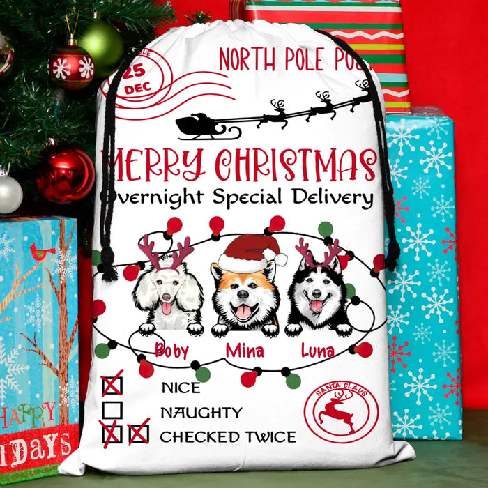 Custom Personalized Dog Santa Sack - Gift Idea For Christmas/Dog Lovers - Upto 3 Dogs - Overnight Special Delivery