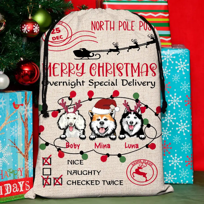 Custom Personalized Dog Santa Sack - Gift Idea For Christmas/Dog Lovers - Upto 3 Dogs - Merry Christmas Overnight Special Delivery