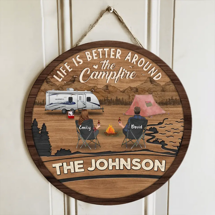 Custom Personalized Camping Wooden Sign - Gift Idea For Couple/ Family/ Camping Lover - Couple With Up to 3 Kids And 3 Pets - Life Is Better Around The Campfire