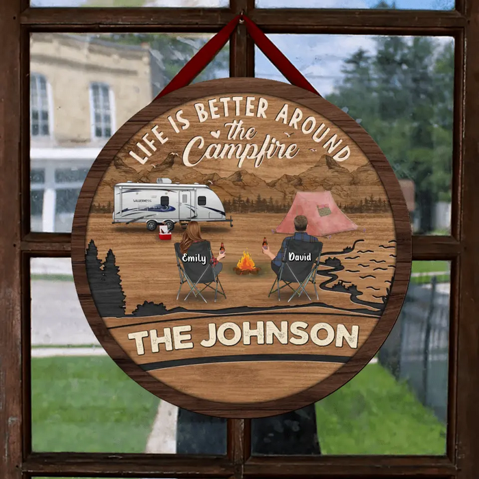 Custom Personalized Camping Wooden Sign - Gift Idea For Couple/ Family/ Camping Lover - Couple With Up to 3 Kids And 3 Pets - Life Is Better Around The Campfire