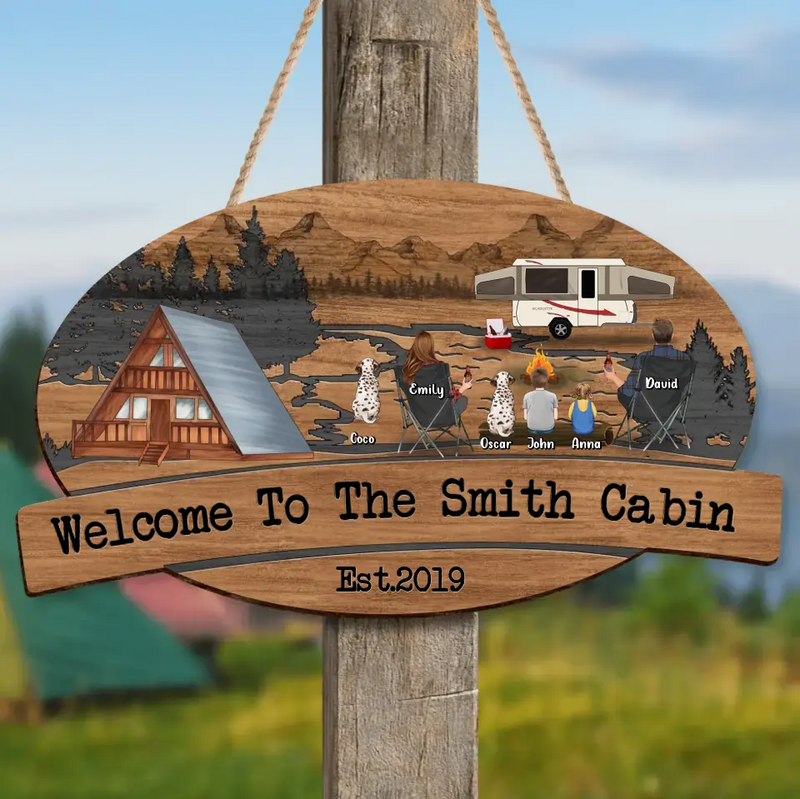 Personalized Camping Couple Wooden Sign - Gift Idea For Camping Lover/Couple - Couple/Parents With Up to 2 Kids And 3 Pets - Welcome To The Smith Cabin