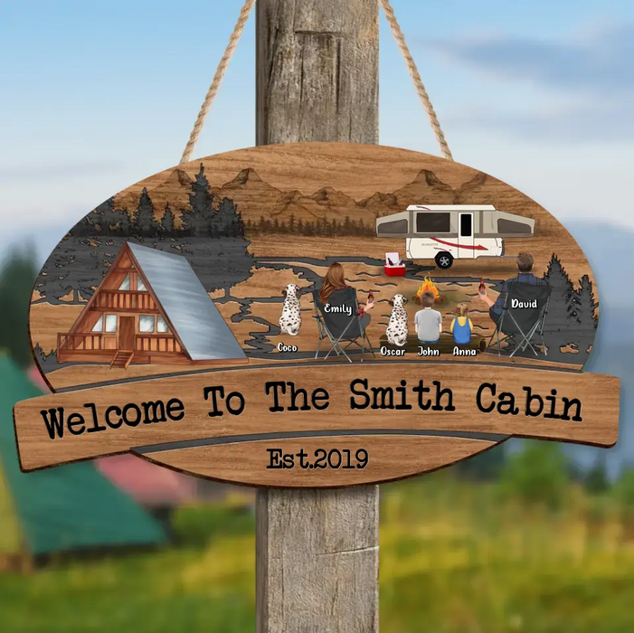 Custom Personalized Camping Couple Wooden Sign - Gift Idea For Camping Lover/ Couple - Couple/ Parents With Up to 2 Kids And 3 Pets - Welcome To The Smith Cabin