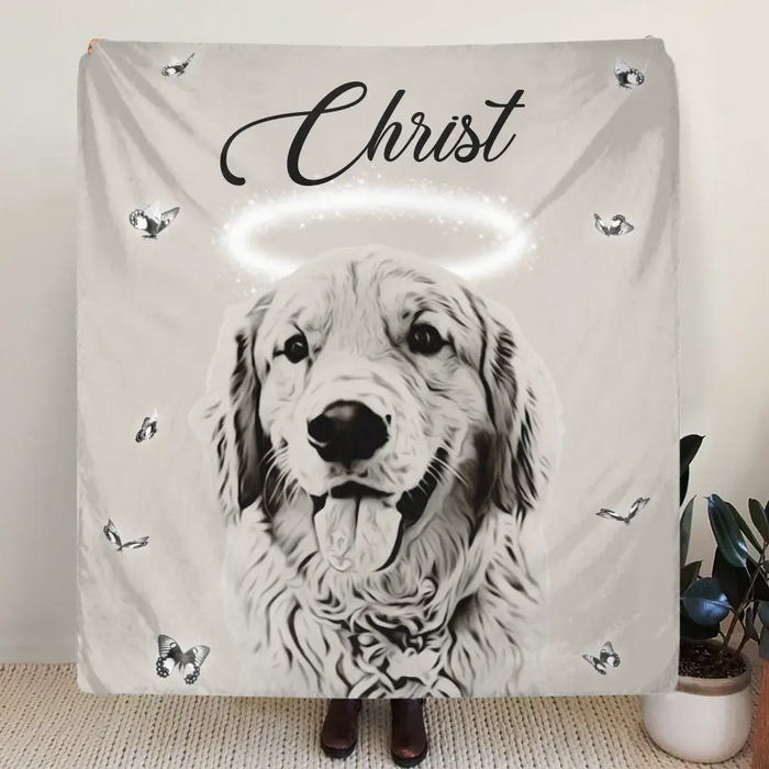 Custom Personalized Memorial Pet Pen Art Portrait Single Layer Fleece Blanket - Upload Photo - Memorial Gift Idea For Dog/Cat Lover