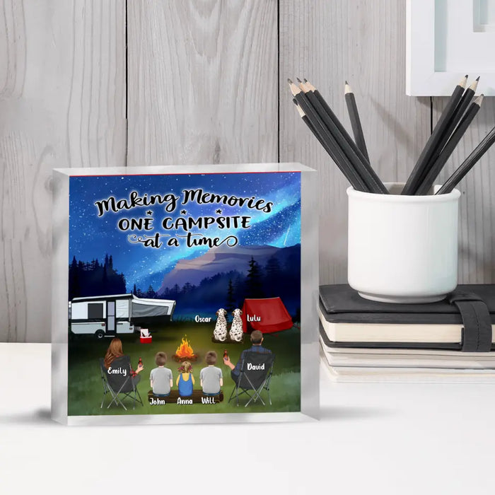 Custom Personalized Camping Acrylic Plaque - Couple/ Parents With Up to 3 Kids And 3 Pets - Gift Idea For Camping Lover - Making Memories One Campsite At A Time