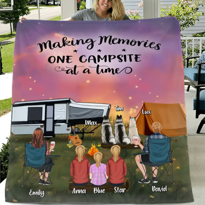 Custom Personalized Camping Couple/ Family Single Layer Fleece Blanket/ Quilt Blanket - Upto 3 Kids And 4 Pets - Gift Idea For Camping Lover - Making Memories One Campsite At A Time