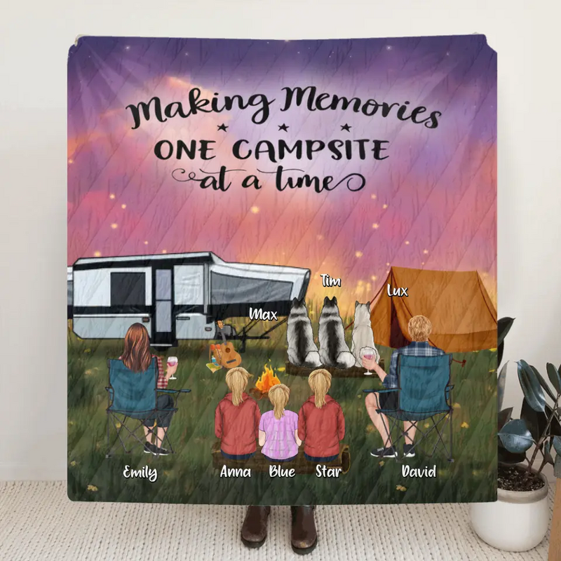 Personalized Camping Couple/Family Fleece Throw Blanket/Quilt - Up to 3 Kids And 4 Pets - Gift Idea For Camping Lover - Making Memories One Campsite At A Time