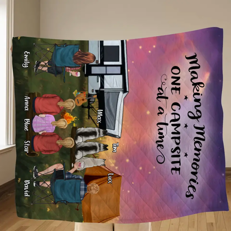 Personalized Camping Couple/Family Fleece Throw Blanket/Quilt - Up to 3 Kids And 4 Pets - Gift Idea For Camping Lover - Making Memories One Campsite At A Time