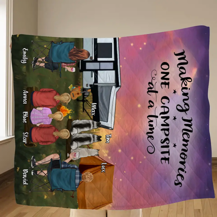Custom Personalized Camping Couple/ Family Single Layer Fleece Blanket/ Quilt Blanket - Upto 3 Kids And 4 Pets - Gift Idea For Camping Lover - Making Memories One Campsite At A Time