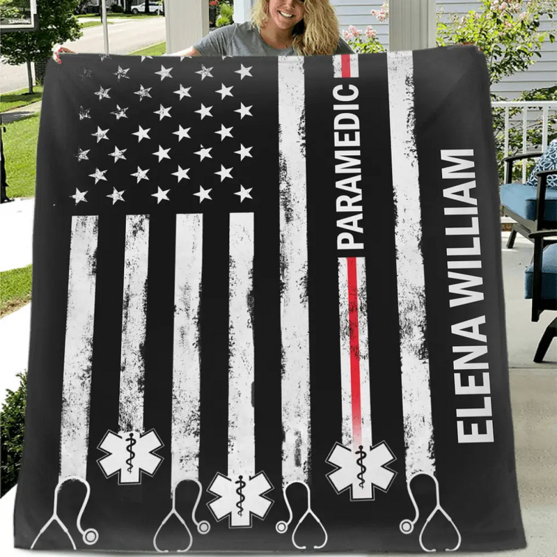 Personalized US Healthcare Worker Fleece Throw Blanket/Quilt - Gift Idea For Paramedic/Colleague