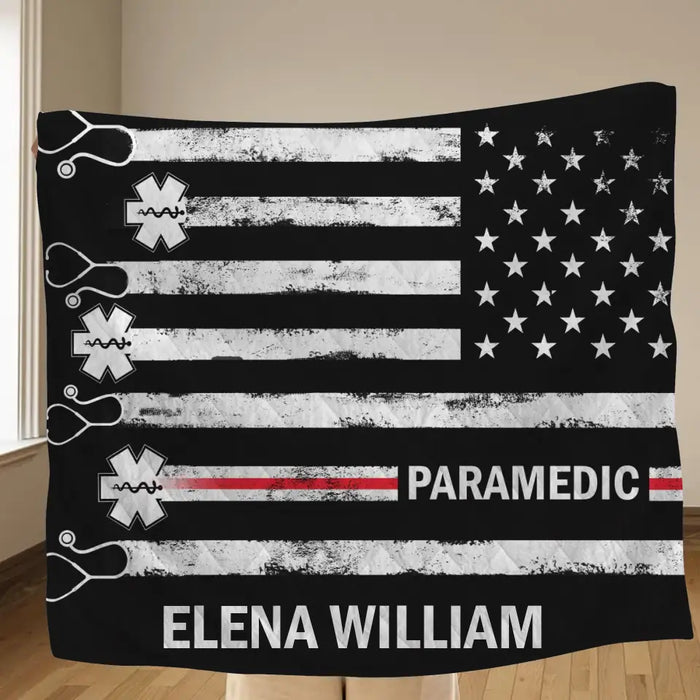 Custom Personalized US Healthcare Worker Quilt/ Single Layer Fleece Blanket - Gift Idea For Paramedic/ Colleague