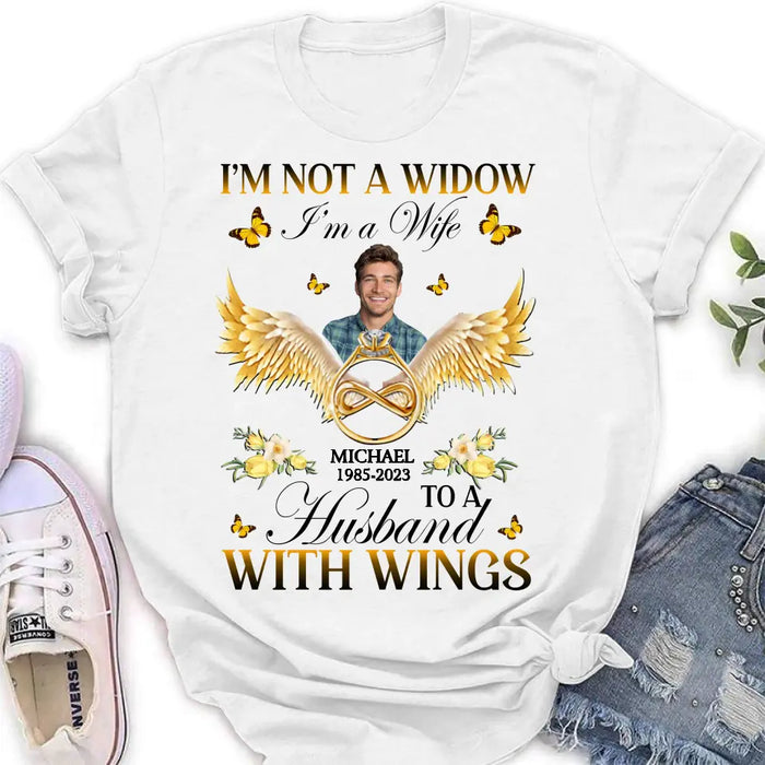 Custom Personalized Memorial Husband Shirt/ Hoodie - Memorial Gift Idea - I'm Not A Widow I'm A Wife To A Husband With Wings