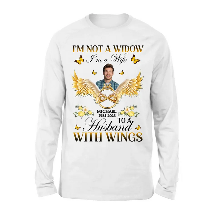 Custom Personalized Memorial Husband Shirt/ Hoodie - Memorial Gift Idea - I'm Not A Widow I'm A Wife To A Husband With Wings