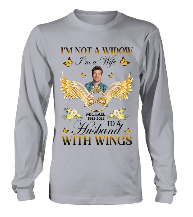 Custom Personalized Memorial Husband Shirt/ Hoodie - Memorial Gift Idea - I'm Not A Widow I'm A Wife To A Husband With Wings