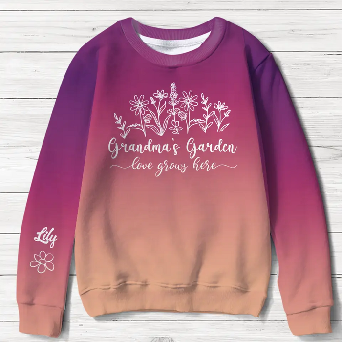 Personalized Grandma AOP Sweater - Up to 10 Children - Gift Idea for Grandma/Mother -  Grandma's Garden Love Grows Here