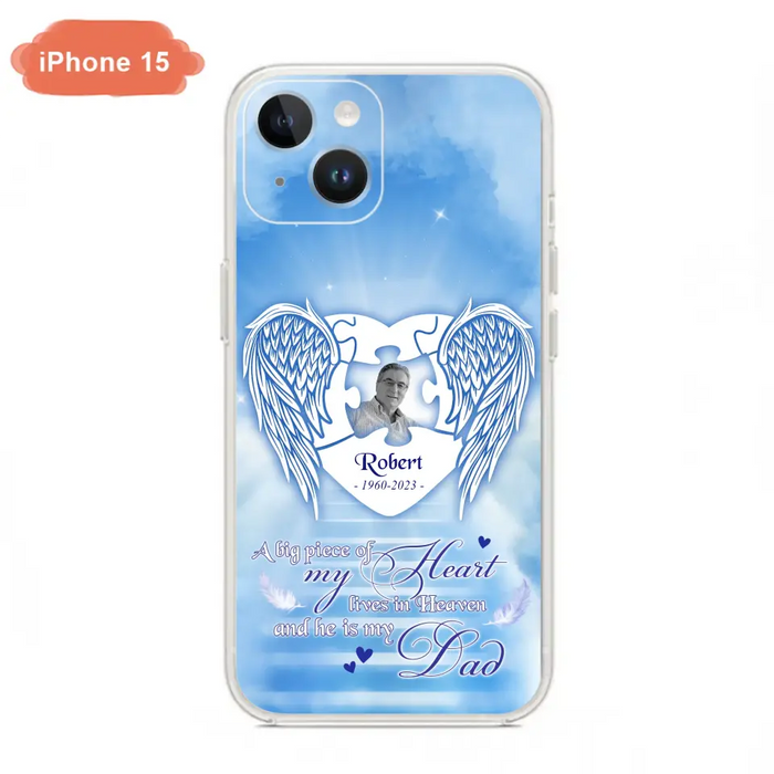 Custom Personalized Memorial Photo Phone Case - Memorial Gift Idea For Family - A Big Piece Of My Heart Lives In Heaven And He Is My Dad - Case For iPhone/Samsung