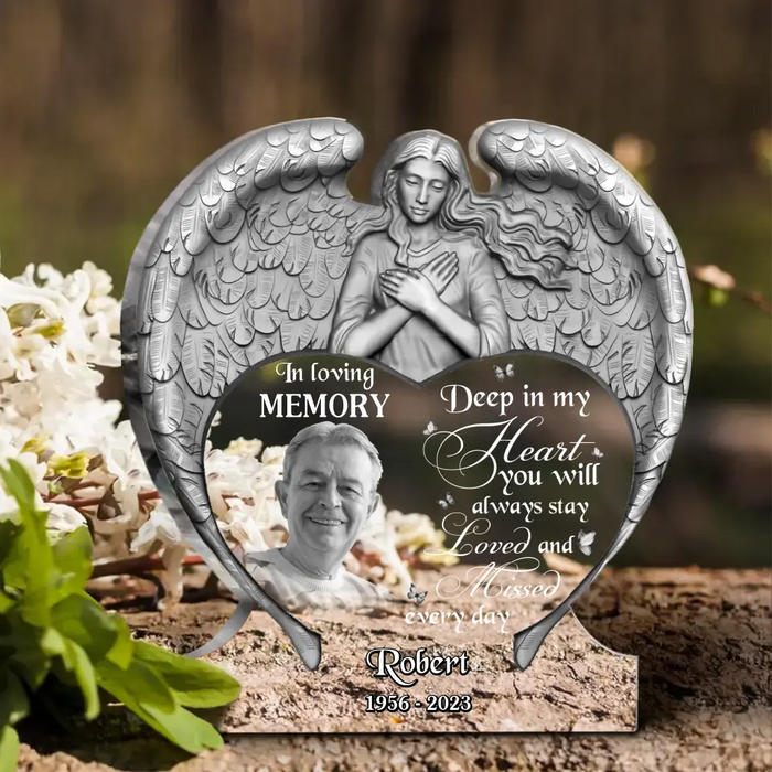 Custom Personalized Angel Praying Memorial Acrylic Plaque - Upload Photo - Memorial Gift Idea For Christmas/ Family Member - Deep In My Heart You Will Always Stay Loved And Missed Every Day