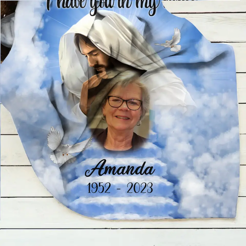 Personalized Memorial Fleece Throw Blanket/Quilt - Upload Photo - Memorial Gift Idea For Family Member - God Has You In His Arms I Have You In My Heart