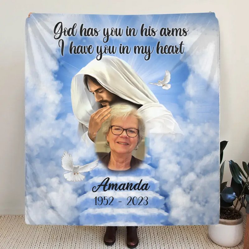 Personalized Memorial Fleece Throw Blanket/Quilt - Upload Photo - Memorial Gift Idea For Family Member - God Has You In His Arms I Have You In My Heart