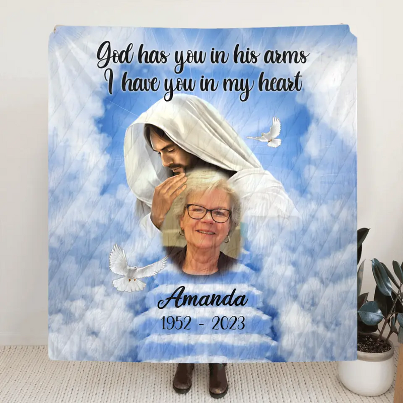 Personalized Memorial Fleece Throw Blanket/Quilt - Upload Photo - Memorial Gift Idea For Family Member - God Has You In His Arms I Have You In My Heart
