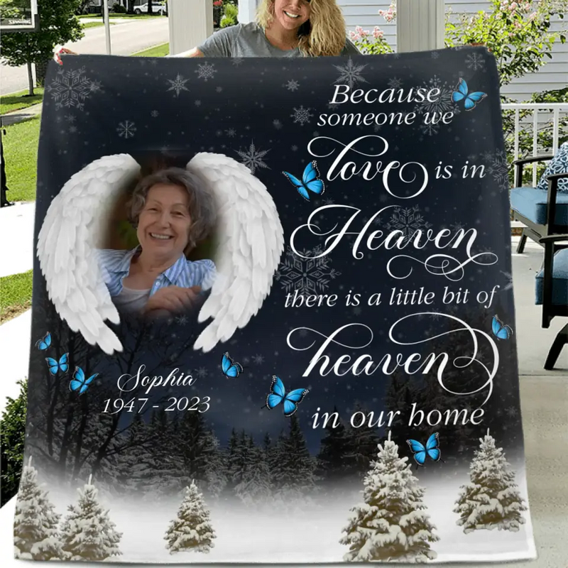 Personalized Memorial Fleece Throw Blanket/Quilt - Upload Photo - Memorial Gift Idea For Family Member - There Is A Little Bit Of Heaven In Our Home