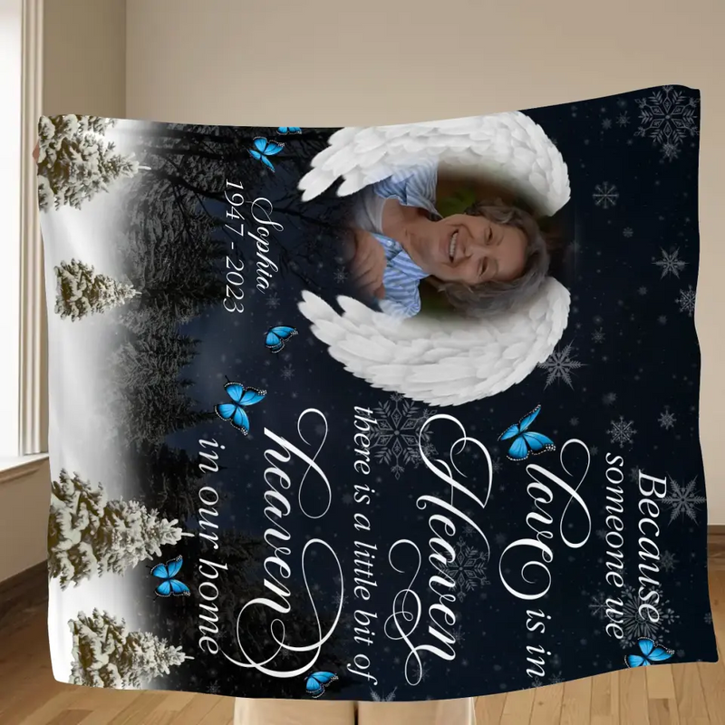 Personalized Memorial Fleece Throw Blanket/Quilt - Upload Photo - Memorial Gift Idea For Family Member - There Is A Little Bit Of Heaven In Our Home