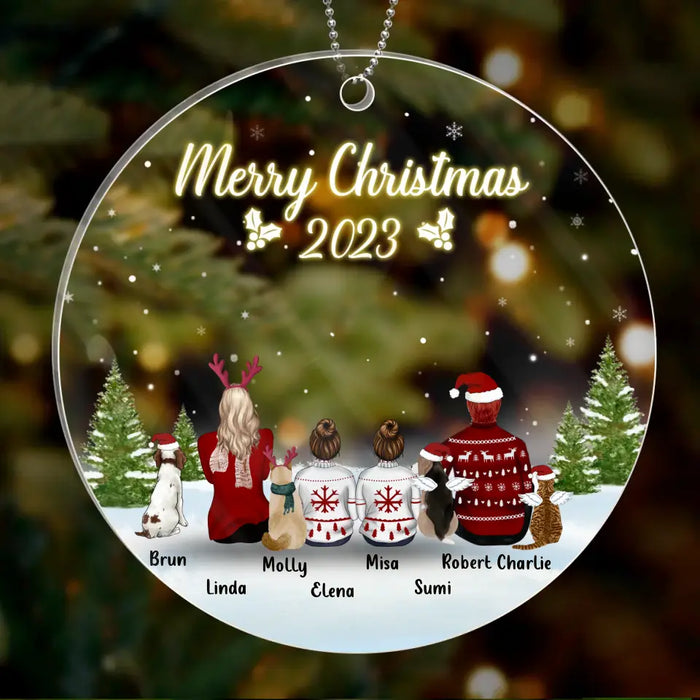 Custom Personalized Family & Pet Circle Acrylic Ornament - Upto 2 Kids, 4 Pets - Christmas Gift Idea For Family/Pet Lovers - Merry Christmas 2023