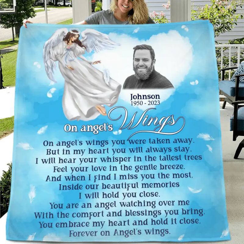 Personalized Memorial Fleece Throw Blanket/Quilt - Upload Photo - Memorial Gift Idea For Family Member - Forever On Angel's Wings