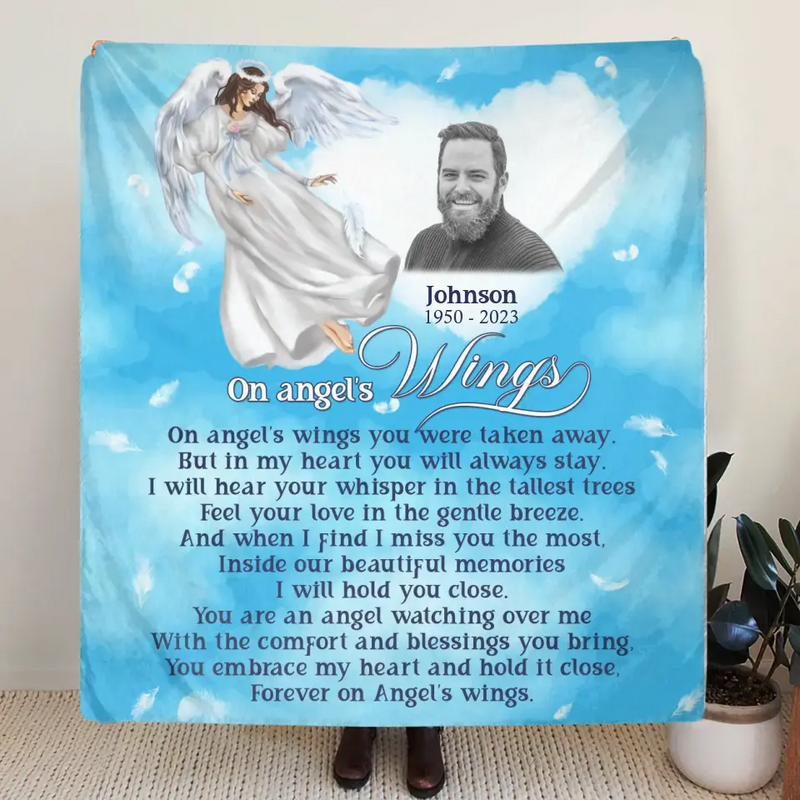 Personalized Memorial Fleece Throw Blanket/Quilt - Upload Photo - Memorial Gift Idea For Family Member - Forever On Angel's Wings