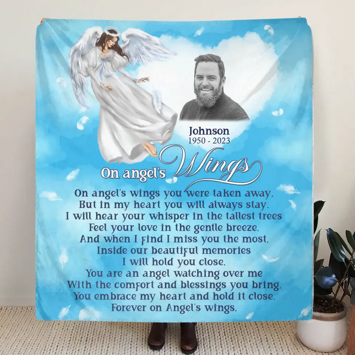 Personalized Memorial Quilt/Single Layer Fleece Blanket - Upload Photo - Memorial Gift Idea For Family Member - Forever On Angel's Wings