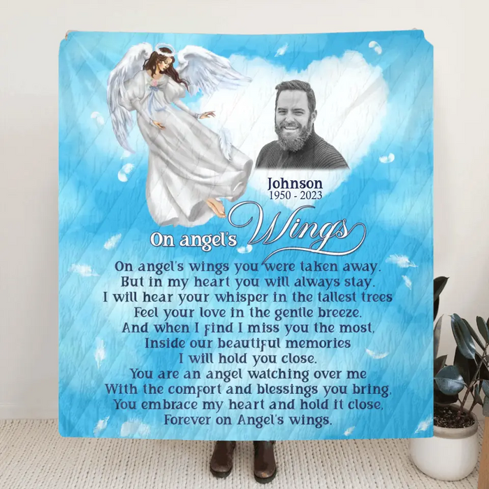 Personalized Memorial Quilt/Single Layer Fleece Blanket - Upload Photo - Memorial Gift Idea For Family Member - Forever On Angel's Wings