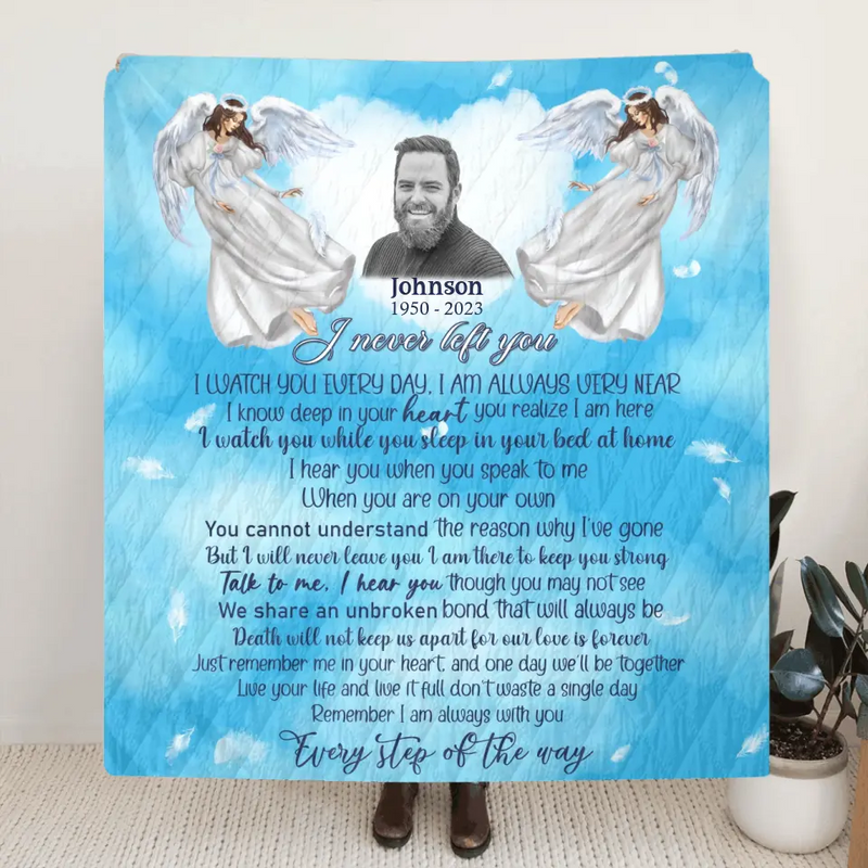 Personalized Memorial Fleece Throw Blanket/Quilt - Upload Photo - Memorial Gift Idea For Family Member - I Never Left You