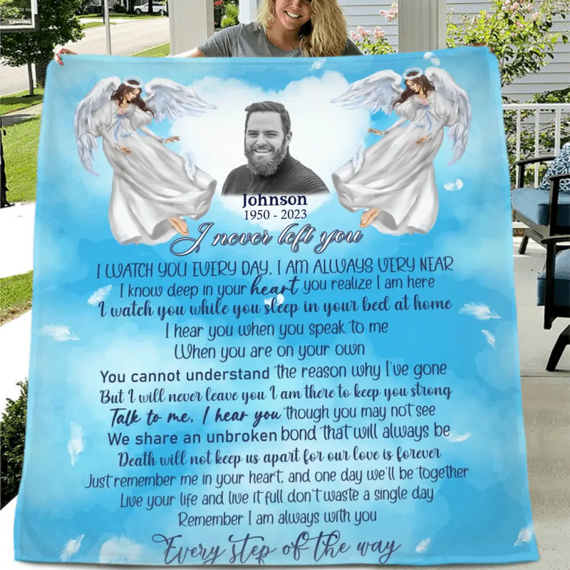 Personalized Memorial Fleece Throw Blanket/Quilt - Upload Photo - Memorial Gift Idea For Family Member - I Never Left You