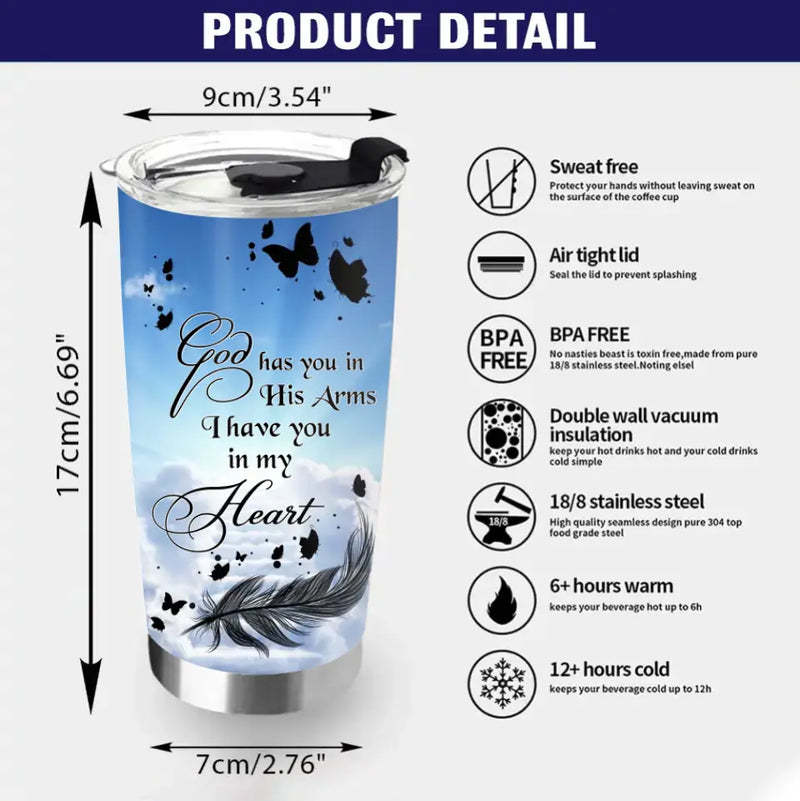 Personalized Memorial Photo Tumbler - Memorial Gift Idea For Family - God Has You In His Arms, I Have You In My Heart