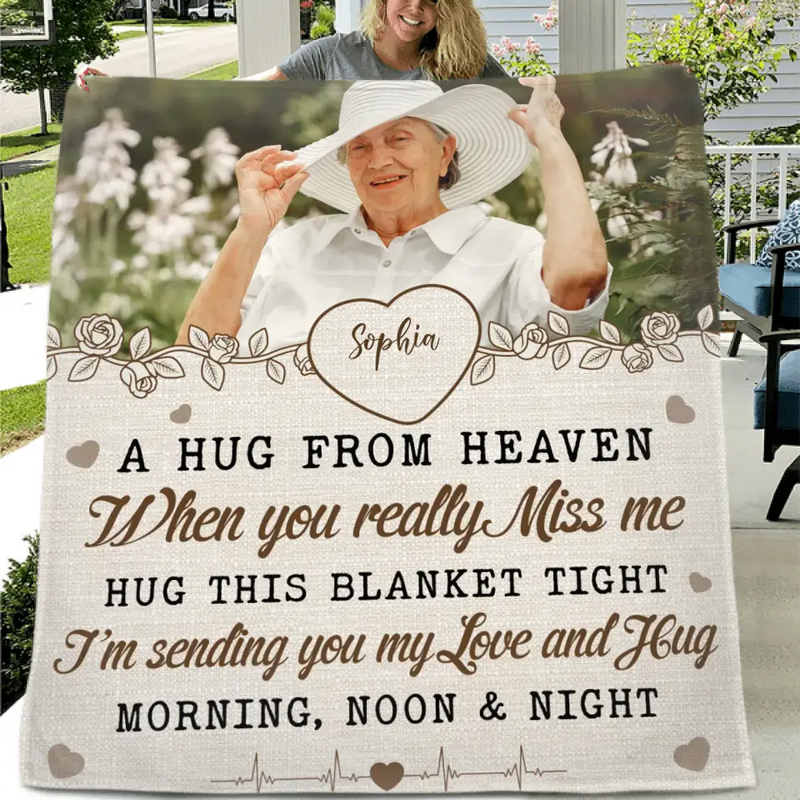 Personalized Memorial Fleece Throw Blanket/Quilt - Upload Photo - Memorial Gift Idea For Family Member - A Hug From Heaven