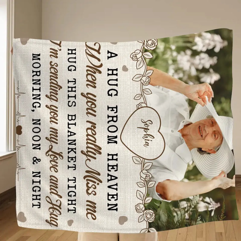 Personalized Memorial Fleece Throw Blanket/Quilt - Upload Photo - Memorial Gift Idea For Family Member - A Hug From Heaven