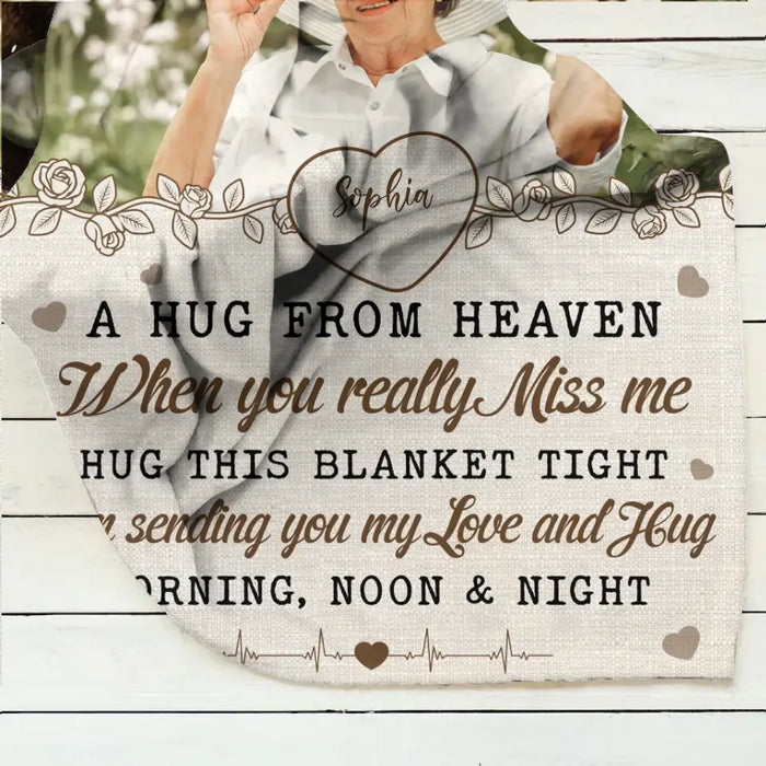 Personalized Memorial Quilt/Single Layer Fleece Blanket - Upload Photo - Memorial Gift Idea For Family Member - A Hug From Heaven