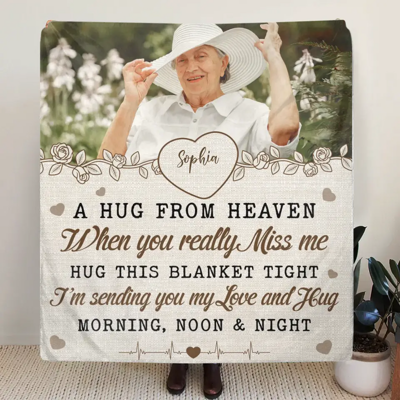 Personalized Memorial Fleece Throw Blanket/Quilt - Upload Photo - Memorial Gift Idea For Family Member - A Hug From Heaven
