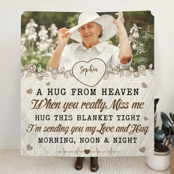 Personalized Memorial Quilt/Single Layer Fleece Blanket - Upload Photo - Memorial Gift Idea For Family Member - A Hug From Heaven