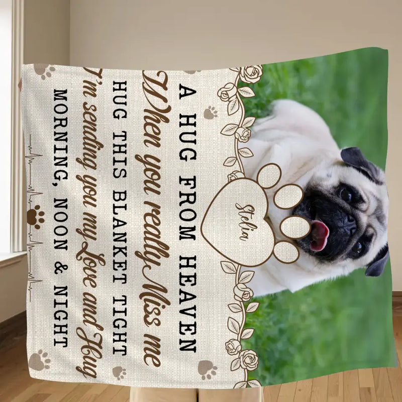 Personalized Memorial Pet Fleece Throw Blanket/Quilt - Upload Photo - Memorial Gift Idea For Pet Owners - A Hug From Heaven