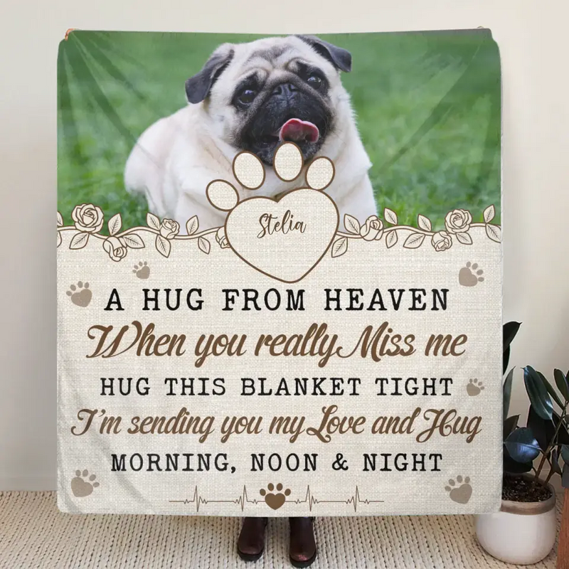 Personalized Memorial Pet Fleece Throw Blanket/Quilt - Upload Photo - Memorial Gift Idea For Pet Owners - A Hug From Heaven