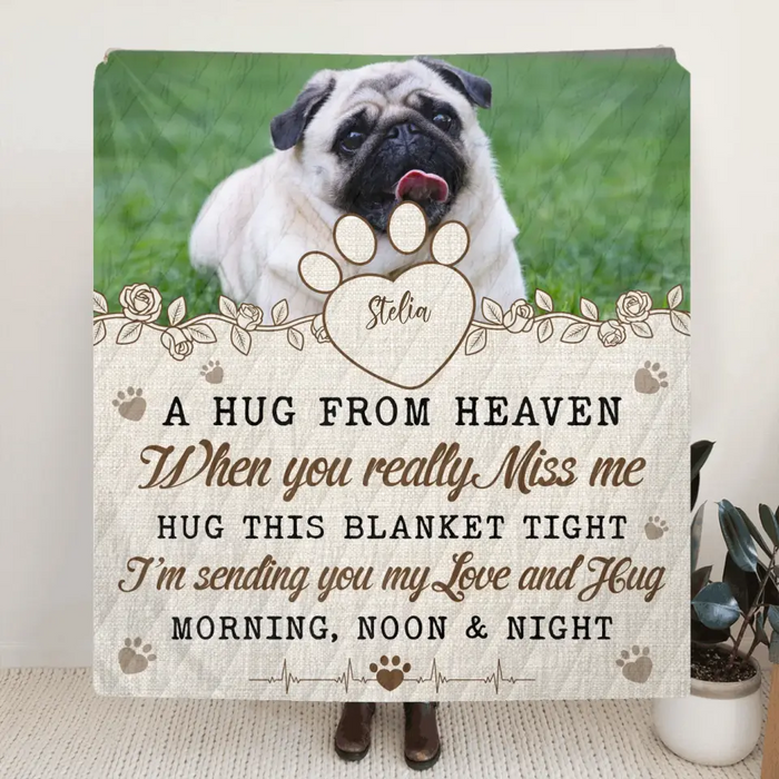 Personalized Memorial Pet Quilt/Single Layer Fleece Blanket - Upload Photo - Memorial Gift Idea For Pet Owners - A Hug From Heaven