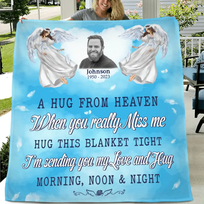 Personalized Memorial Quilt/Single Layer Fleece Blanket - Upload Photo - Memorial Gift Idea For Family Member - A Hug From Heaven